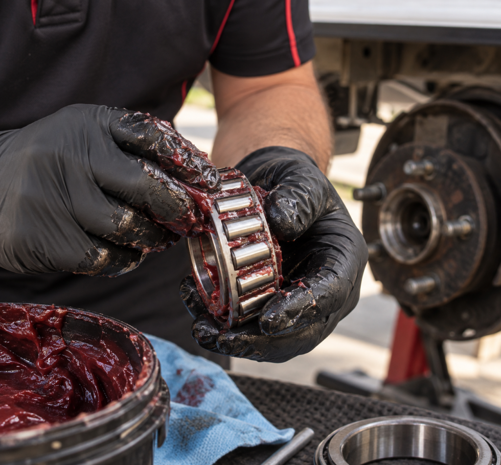 caravan technician repacking wheel bearing with grease