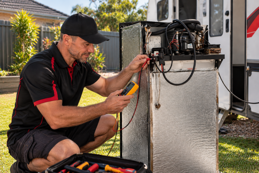 caravan technician diagnosing fridge