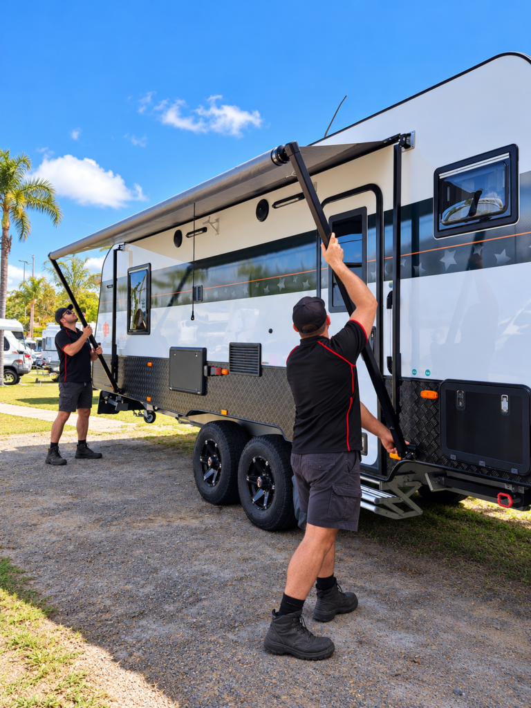 technicians working on caravan awning